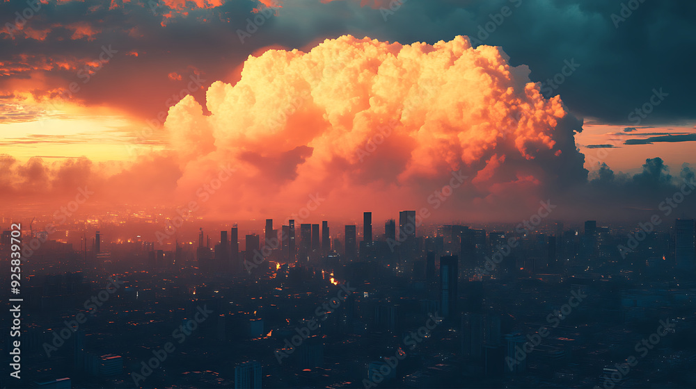 A wide-angle shot of a city skyline with a large, AI-generated orange cloud in the background, giving a dramatic and otherworldly feel to the urban landscape A wide-angle shot of a city skyline with a large, AI-generated orange cloud in the background, giving a dramatic and otherworldly feel to the urban landscape