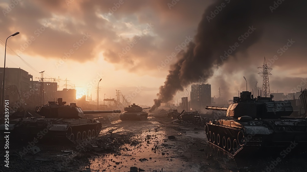Fototapeta premium A dystopian cityscape with smoke and tanks in a post-apocalyptic setting.