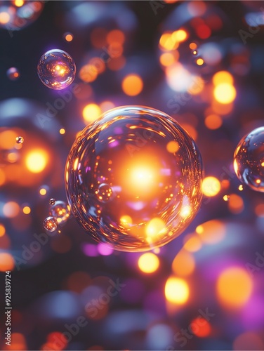 Glowing orange and purple bubbles with bokeh effect in dark background. photo