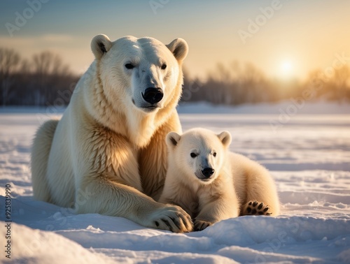 Polar Bear Mother and Cub Resting in the Snow During Sunset