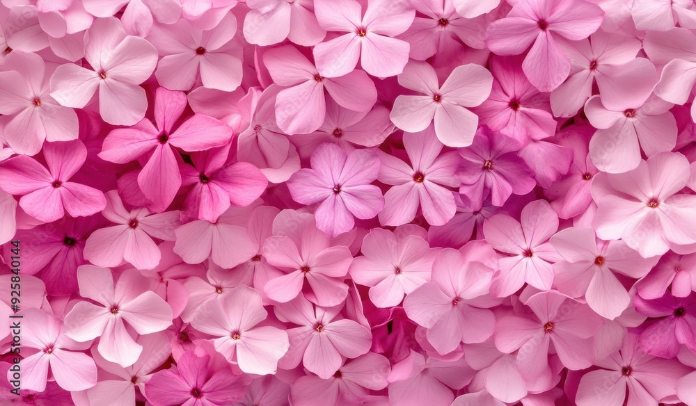 Fototapeta premium Pile of beautiful pink flowers in a random order, professional flower photography, resembling Phlox, top view shot