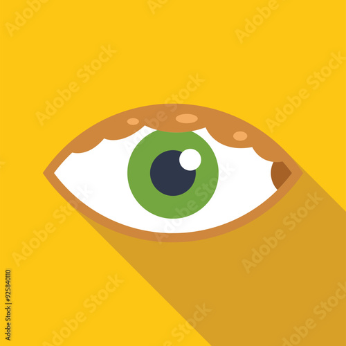 Green eye showing conjunctivitis with long shadow on yellow background