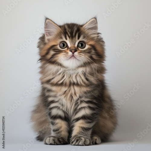 A fluffy Persian kitten sits on a pristine white background, looking directly at the camera with large, expressive eyes, its cute and curious expression captured perfectly, with the simple background 