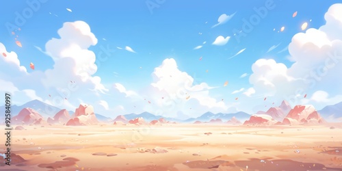 Enchanting Anime-Style Desert Arena: A 2D Fantasy Battleground for Mobile Games with a Mountainous Desert and Colorful Cloudy Sky in a Flat Cartoon Style,Anime style, storybook illustrations photo