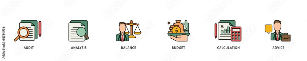 Accounting icon infographic illustration concept with icon of audit, analysis, balance, budget, calculation, and advice icon live stroke and easy to edit Accounting icon infographic illustration concept with icon of audit, analysis, balance, budget, calculation, and advice icon live stroke and easy to edit