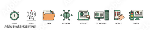 5G icon infographic illustration concept with icon of speed, signal, data, network, internet, technology, mobile and traffic icon live stroke and easy to edit 