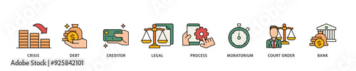 Bankruptcy icon infographic illustration concept with icon of bank ,court order, legal, moratorium, process, creditor, debt, crisis icon live stroke and easy to edit 