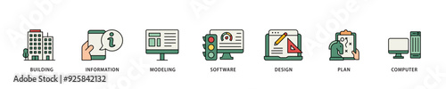 BIM icon infographic illustration concept with icon of building, information, modeling, software, design, plan, and computer icon live stroke and easy to edit 