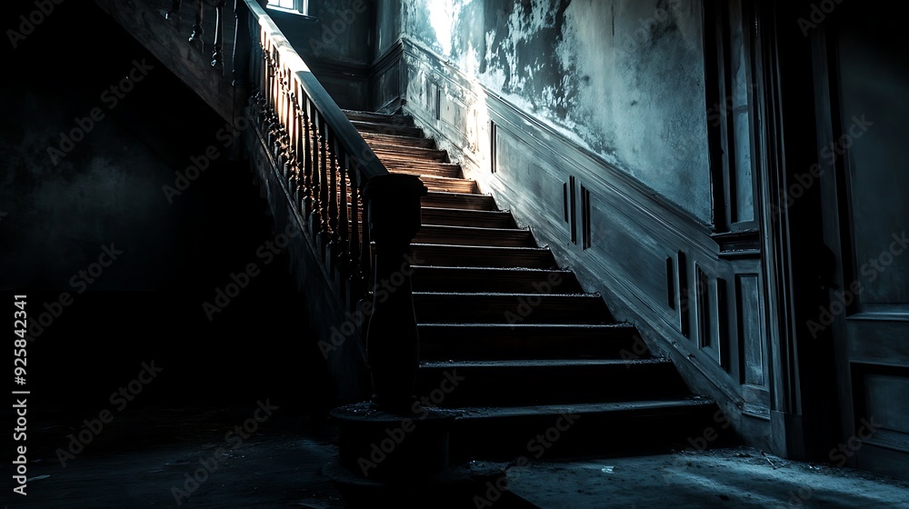 a dark creaky staircase in a spooky abandoned house with shadows and dim lighting suggesting a haunted atmosphere a dark creaky staircase in a spooky abandoned house with shadows and dim lighting suggesting a haunted atmosphere