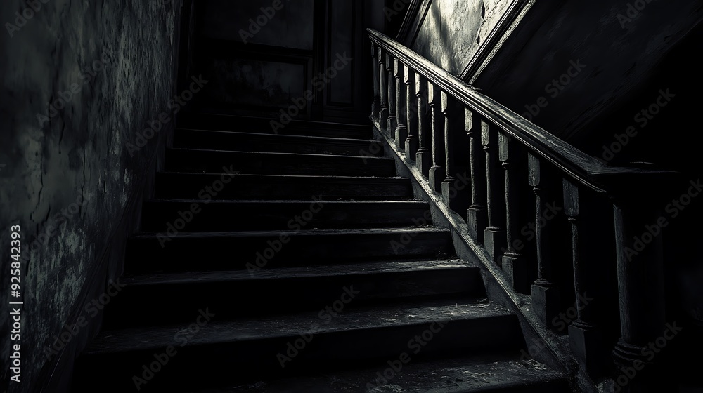 Fototapeta premium a dark creaky staircase in a spooky abandoned house with shadows and dim lighting suggesting a haunted atmosphere