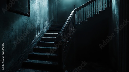 a dark creaky staircase in a spooky abandoned house with shadows and dim lighting suggesting a haunted atmosphere