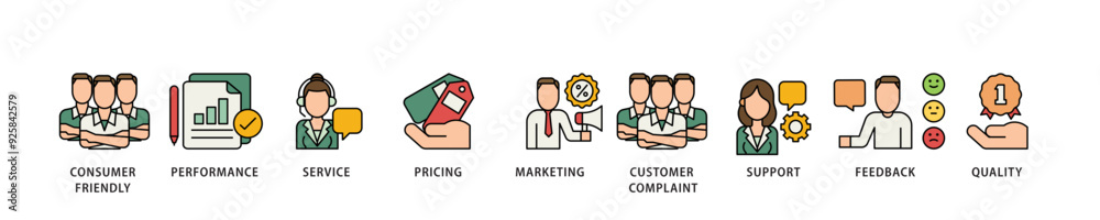 Customer satisfaction icon infographic illustration concept with icon of consumer friendly, performance, service, pricing, marketing, customer complaint icon live stroke and easy to edit 