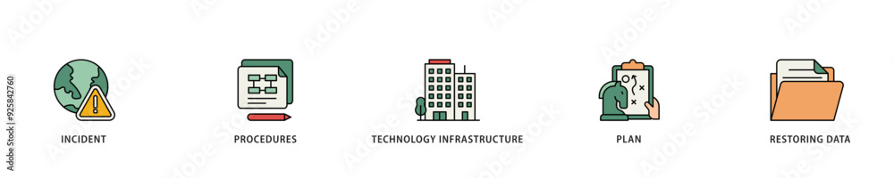 Disaster recovery icon infographic illustration concept with icon of plan, restoring data, technology infrastructure, procedures, incident icon live stroke and easy to edit Disaster recovery icon infographic illustration concept with icon of plan, restoring data, technology infrastructure, procedures, incident icon live stroke and easy to edit