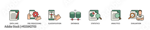 Data engineering icon infographic illustration concept with icon of data lake, pre processing, classification, database, statistics, analytics and evaluation icon live stroke and easy to edit  photo