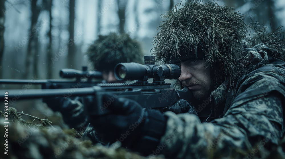 Fototapeta premium Two soldiers in camouflage focused expression military operation forest environment tactical gear