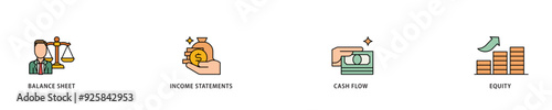 Financial statements icon infographic illustration concept with icon of graph, balance sheet, pie chart, income statements, money, calculator, income, earningicon live stroke and easy to edit 
