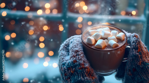 Wallpaper Mural A close-up of hands in cozy mittens holding a steaming cup of hot chocolate topped with marshmallows, with a backdrop of a snow-covered window and Christmas lights reflecting on the glass Torontodigital.ca