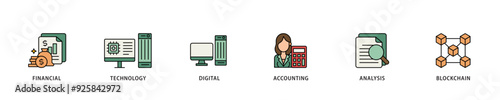 Fintech icon infographic illustration concept with icon of financial, technology, digital, accounting, analysis and blockchain icon live stroke and easy to edit 
