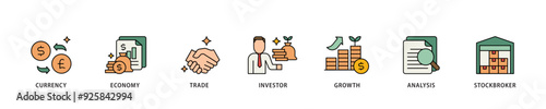 Forex icon infographic illustration concept with icon of currency, economy, trade, investor, growth, analysis and stockbroker icon live stroke and easy to edit 
