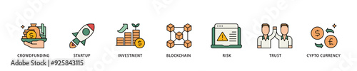 ICO icon infographic illustration concept with icon of crowdfunding, startup, investment, blockchain, risk, trust and cypto currency icon live stroke and easy to edit 