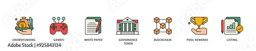 IGO icon infographic illustration concept with icon of crowdfunding, gamefi, white paper, governance token, blockchain, pool rewards and listing icon live stroke and easy to edit 