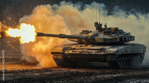 powerful tank firing indramatic display of military strength, surrounded by smoke and debris.scene conveys intensity and action. photo