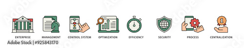 Industrial control system icon infographic illustration concept with icon of enterprise, management, control system, optimization, efficiency icon live stroke and easy to edit 