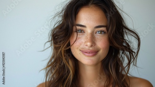 Portrait of a Young Woman with Freckles and Wavy Hair