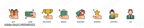Loyalty program icon infographic illustration concept with icon of vip, support, bonus, reward, voucher, exclusive, card, gift icon live stroke and easy to edit 