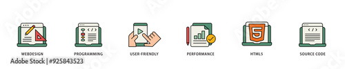 Mobile first icon infographic illustration concept with icon of webdesign, programming, user friendly, performance, html5 and source code icon live stroke and easy to edit 