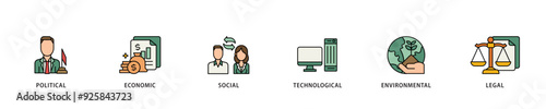 Pestel icon infographic illustration concept with icon of governance, finance, network, automation, ecology, law statement icon live stroke and easy to edit 