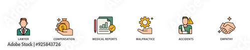 Personal injury law icon infographic illustration concept with icon of malpractice, empathy, accidents, medical reports, compensation, lawyer icon live stroke and easy to edit 