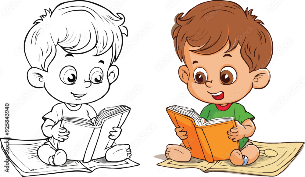 coloring page simple drawing of cartoon character reading a book in library , coloring book coloring page simple drawing of cartoon character reading a book in library , coloring book