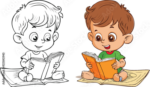 coloring page simple drawing of cartoon character reading a book in library , coloring book
