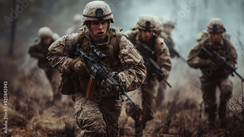 group of soldiers running throughfoggy landscape, displaying determination and urgency.