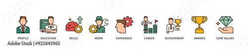 Resume icon infographic illustration concept with icon of profile, education, skills, work experience, career, achievement, awards, core values icon live stroke and easy to edit 