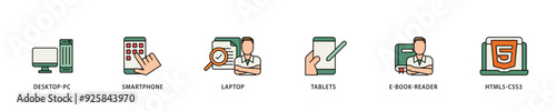 Responsive web design icon infographic illustration concept with icon of tablets, html5 css3, e book reader, laptop, smart phone, desktop pc icon live stroke and easy to edit 