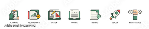 Software development icon infographic illustration concept with icon of planning, requirements, design, coding, testing, deploy and maintenance icon live stroke and easy to edit 