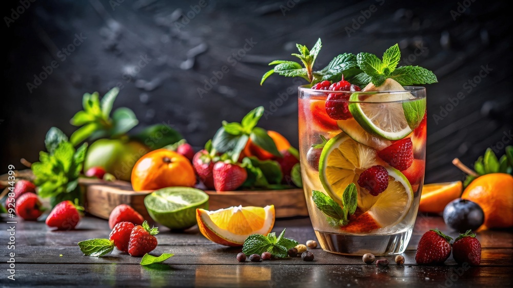 A refreshing cocktail with colorful fruits and herbs , drink, alcohol, beverage, mixed drink, martini, cocktail shaker A refreshing cocktail with colorful fruits and herbs , drink, alcohol, beverage, mixed drink, martini, cocktail shaker