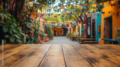 Vibrant courtyard with colorful decorations and wooden table in dim light