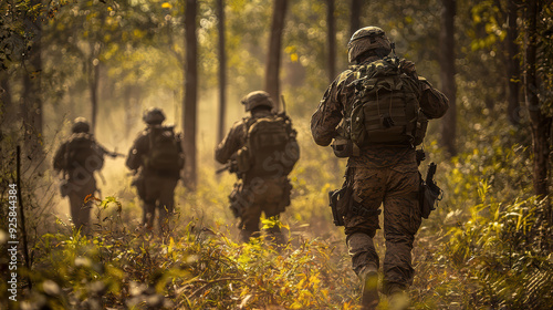 group of soldiers walking throughforest, focused and determined.atmosphere is tense yet serene, with sunlight filtering throughtrees.