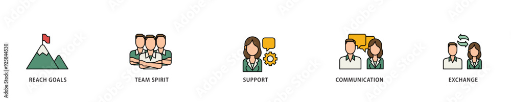 Working together icon infographic illustration concept with icon of collaboration, reach goals, team spirit, support, communication, and exchange icon live stroke and easy to edit Working together icon infographic illustration concept with icon of collaboration, reach goals, team spirit, support, communication, and exchange icon live stroke and easy to edit