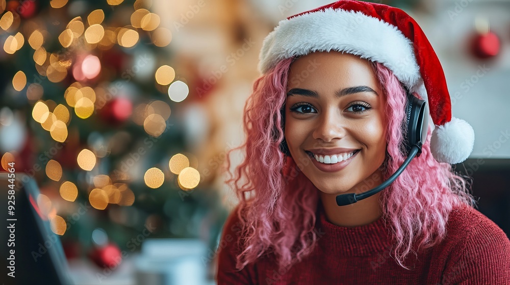 Young woman in a Santa hat smiling while on a headset near a Christmas tree