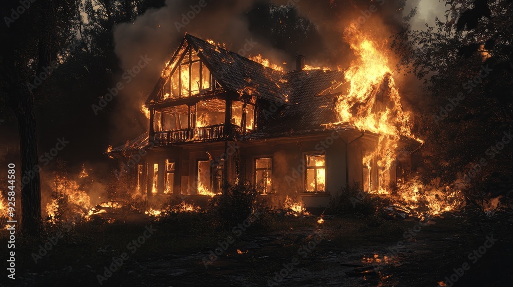 burn house by fire at night 