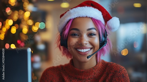 Young woman with pink hair wearing headset and Santa hat at festive workplace