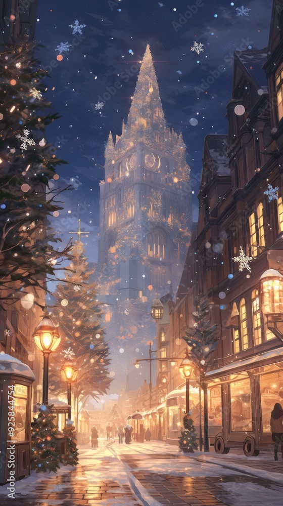 Christmas Enchantment: A Snowy City Night with Snowflakes Animating Around a Festive Tree, an Abstract Anime-Style Holiday Vision, storybook illustrations, comic strips, book illustrations and picture Christmas Enchantment: A Snowy City Night with Snowflakes Animating Around a Festive Tree, an Abstract Anime-Style Holiday Vision, storybook illustrations, comic strips, book illustrations and picture