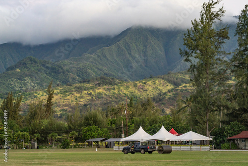 Hawaii Polo Oceanfront Trail Rides, Mokuleia, Honolulu, Oahu Hawaii. Waianae Range, an eroded shield volcano on the west side of the island. 

 photo