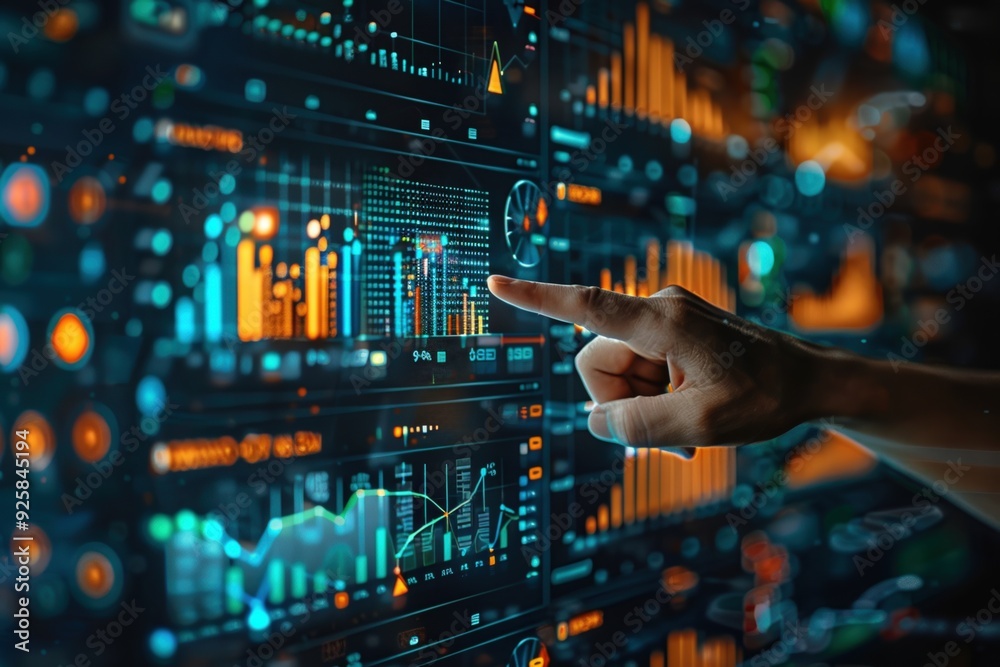 Hand pointing at data on digital screen Hand pointing at data on digital screen