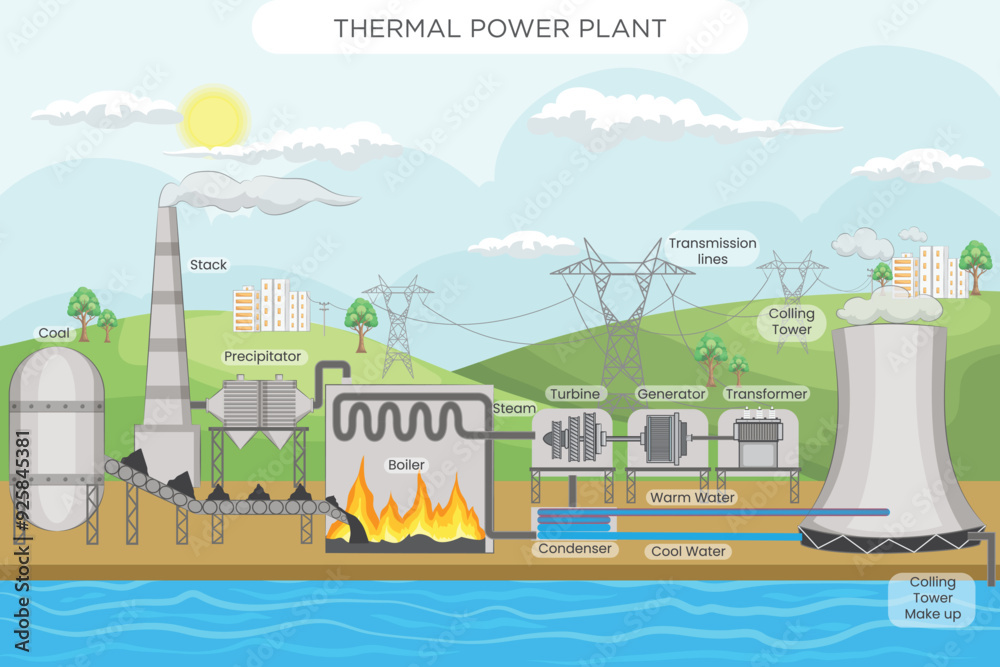 Naklejka premium Thermal Power Plant Converting Heat into Electricity