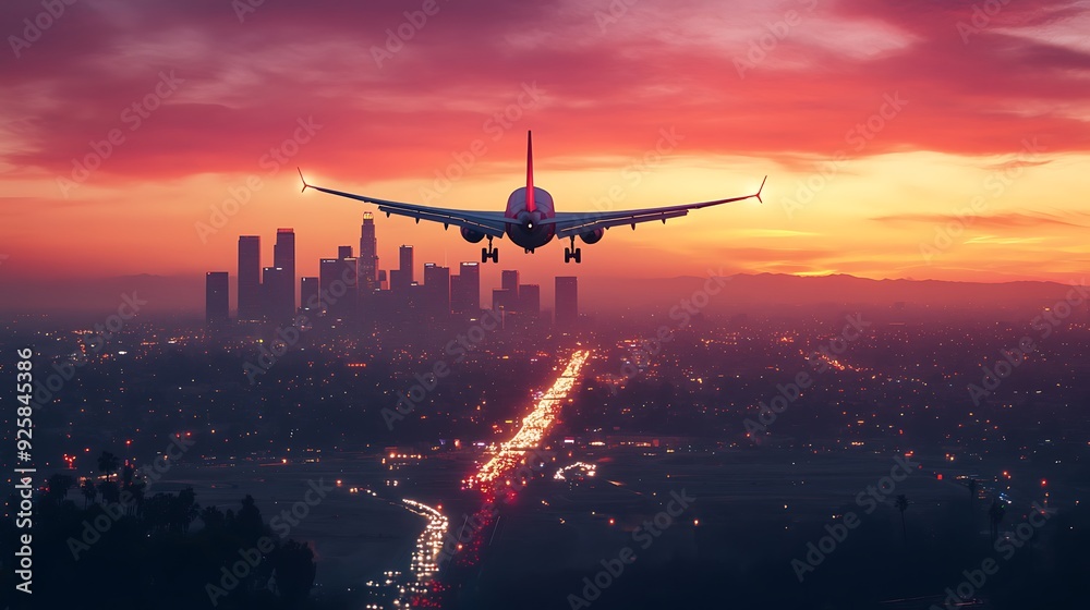 a commercial airplane soaring over a bustling city skyline at sunset, with the sky painted in shades of orange and pink. The city lights begin to twinkle as day turns to night a commercial airplane soaring over a bustling city skyline at sunset, with the sky painted in shades of orange and pink. The city lights begin to twinkle as day turns to night